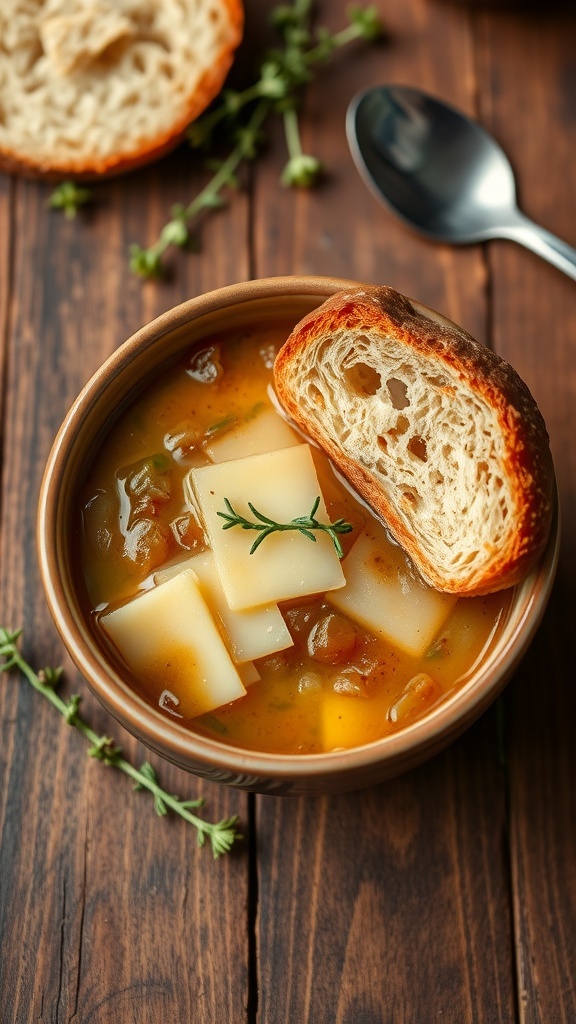 A bowl of French onion soup with melted cheese and toasted bread, garnished with thyme on a rustic table.